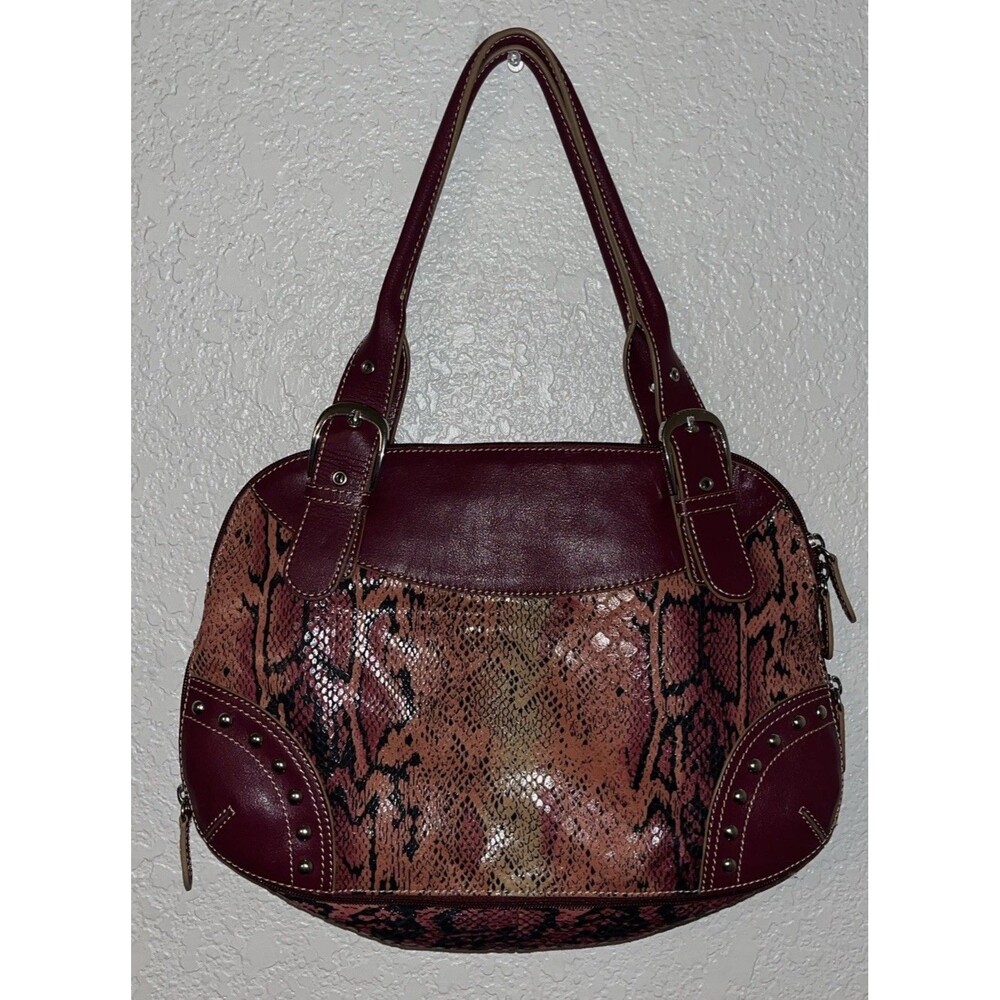 Sharif Studio Embossed Snake  Leather Trim Expanding Purse Burgundy Dust Bag NEW - Picture 2 of 16